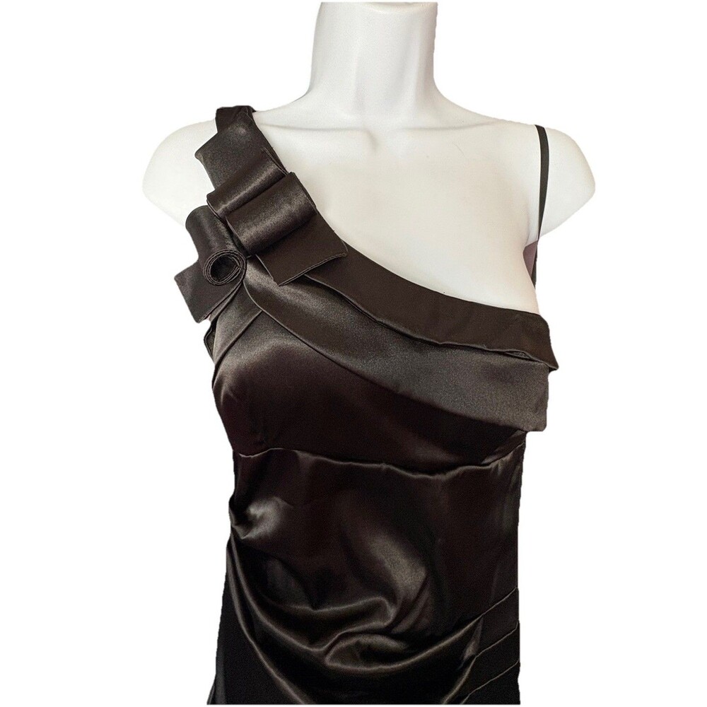 Betsy & Adam Black Satin One Shoulder Evening Gown Dress Size 8 Ruched Mermaid - Picture 3 of 6